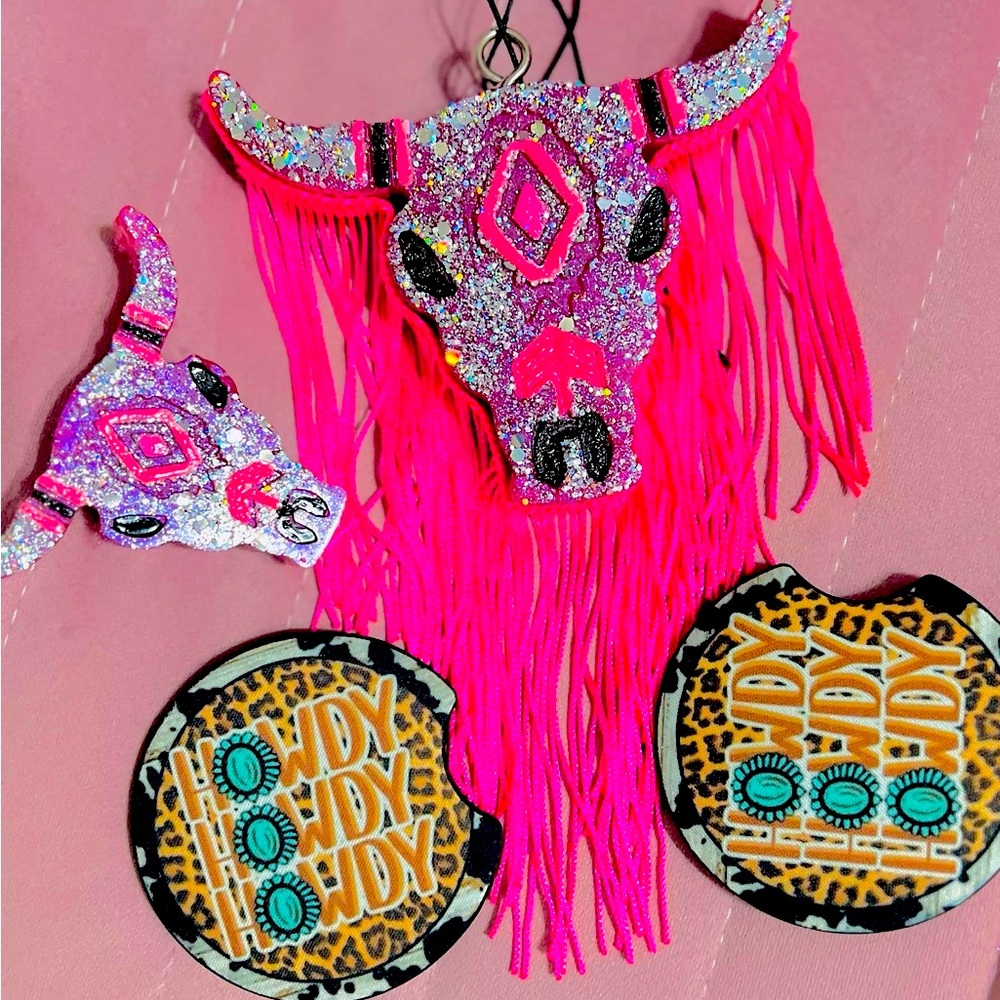 Bull Head Car Freshie Set With Car Coasters | Western | Cowboy | Cowgirl